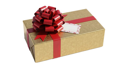 Wrapped present sits with a red ribbon and a red bow on top, with a decorative blank card.