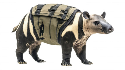 A tapir wearing a camouflage backpack on its back side