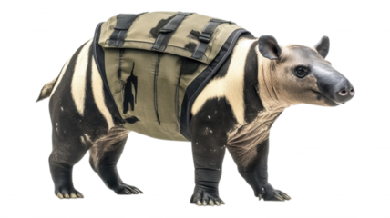 A tapir wearing a camouflage backpack on its back side