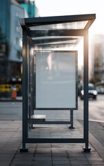 Realistic bus stop with transparent glass walls and blank poster for advertising, daylight city background, perfect outdoor mockup for branding