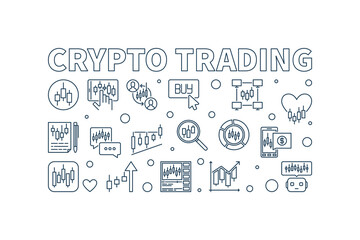 Crypto Trading vector Business outline minimal horizontal illustration or banner