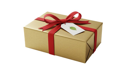 Obraz premium Wrapped present sits with red ribbon and attached tag showing a green leaf symbol.
