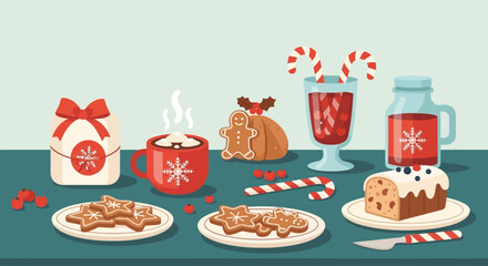A delightful flat design illustration presenting a cozy spread of festive holiday treats and warm beverages, including gingerbread, hot cocoa, and candy canes. 