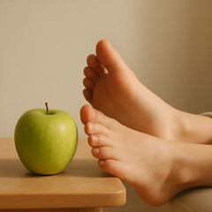 Natural Simplicity: Calm Relaxation and Fresh Wellness Symbolized by Bare Feet and a Green Apple