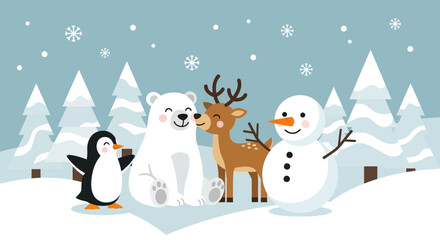 This flat design illustration showcases an enchanting gathering of winter animals—a polar bear, reindeer, penguin, and snowman—celebrating joyfully in a serene, snow-covered forest.  © tika