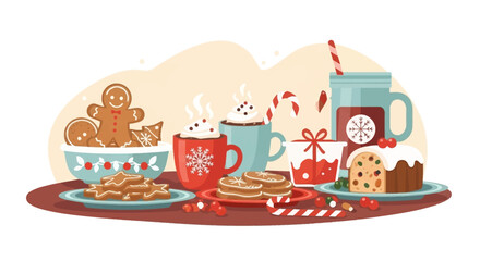 A delightful flat design illustration presenting a cozy spread of festive holiday treats and warm beverages, including gingerbread, hot cocoa, and candy canes. 