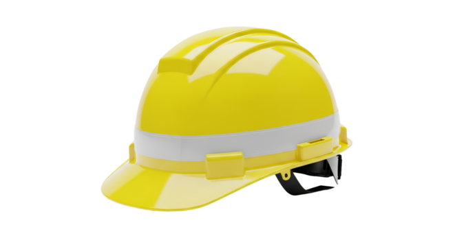 Yellow hardhat sits with a stripe and strap against a isolated background. - high quality Yellow hardhat sits with a stripe and strap against a isolat