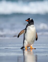 Fototapeta premium A penguin stands on a wet beach, arms outstretched, with foamy ocean waves as a blurry background. Its feet and body reflects on the sand