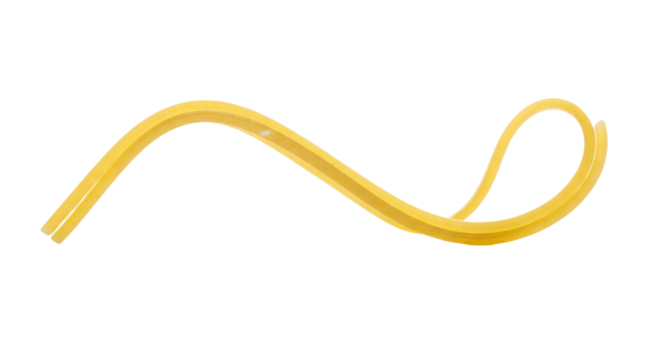 Yellow whisk accessory lies curved against a dark isolated , revealing its looped handle and smooth structure.