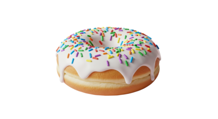 A donut is covered with icing and colorful sprinkles, appearing fresh and delicious!
