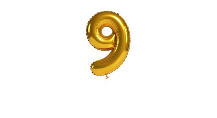 A golden balloon in the shape of the number nine floats against a stark background, secured by a thin string.
