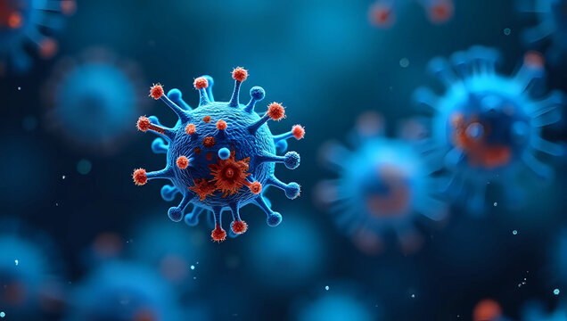 3d illustration closeup of microscopic view : pathogenic virus, or influenza - pandemic, infection, medical virology research for public health awareness