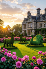 An enchanting formal garden with perfectly sculpted topiary animals, including majestic deer and a detailed peacock shaped from green leaves. The scene is set in front of a grand historic English 