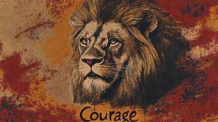 A majestic lion portrait with the word courage below, set against a textured backdrop of warm hues, conveying strength and determination