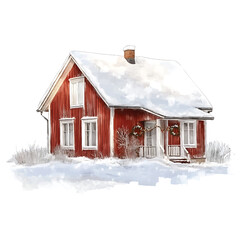 Watercolor Painting of a Red Wooden House in a Snowy Winter watercolor illutrastion transparent background