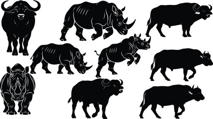 Naklejka premium African Safari Wildlife Silhouettes Collection, Dangerous Wild Animals Black and White Vector Set, Rhinos and Buffaloes Running, Standing, and Charging, Mammals Icon Pack