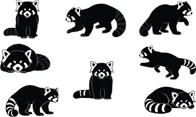 Adorable Red Panda Silhouettes Vector Set, Endangered Species, Cute Asian Wildlife, and Fauna Graphic Icons Isolated on White.