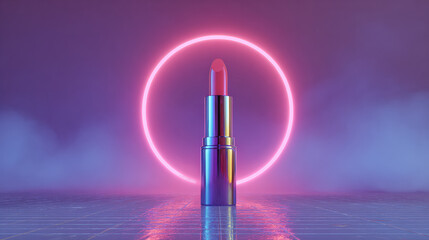 Vibrant lipstick stands prominently against soft neon backdrop, illuminated by glowing circular halo. high fidelity image captures essence of modern beauty with stylish and captivating aesthetic