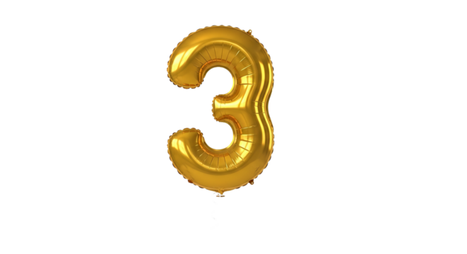 A large gold number three balloon floats in the center against a stark background.