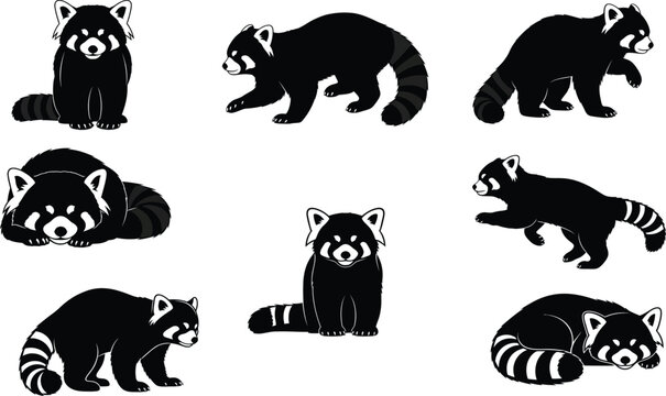 Adorable Red Panda Silhouettes Vector Set, Endangered Species, Cute Asian Wildlife, and Fauna Graphic Icons Isolated on White.