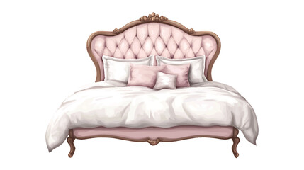Watercolor painting of a pink ornate tufted bed with white watercolor illutrastion transparent background