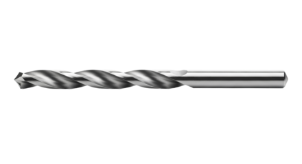 A silver drill bit is shown at eye level against a isolated background. - high quality A silver drill bit is shown at eye level against a isolated bac