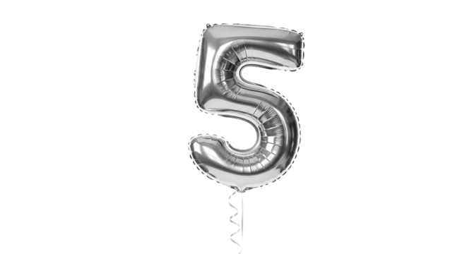 A shiny silver balloon shaped like the number five floats in a space. - high quality A shiny silver balloon shaped like the number five floats in a sp - Powered by Adobe