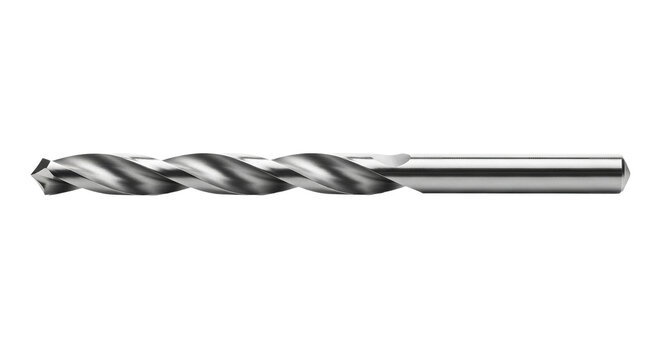 A silver drill bit is shown at eye level against a isolated background. - high quality A silver drill bit is shown at eye level against a isolated bac