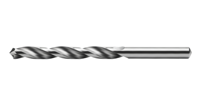 A silver drill bit is shown at eye level against a isolated background. - high quality A silver drill bit is shown at eye level against a isolated bac