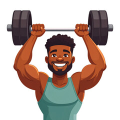 Fototapeta premium PNG cartoon vector of a strongman happily lifting a giant dumbbell, perfect for fitness, gym illustrations, workout designs, strength clipart, and fun cartoon projects