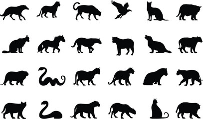 Naklejka premium Diverse wild animal silhouette collection, featuring big cats, a horse, eagles, and snakes in various motion poses, for wildlife and nature graphic assets.