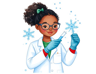 Little scientist studies winter snowflakes in her laboratory