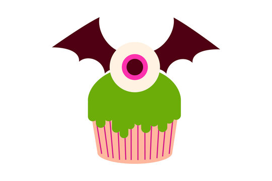 Spooky Halloween cupcake illustration with green frosting, candy eyeball with bat wings. Perfect for spooky party invitations, bakery designs, recipes, festive decor, and Halloween graphics. PNG