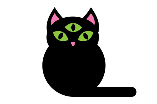 Halloween black cat with three green eyes and pink nose. Spooky mystical feline with magical third eye for October witch decorations and supernatural creature designs. Transparent high resolution PNG