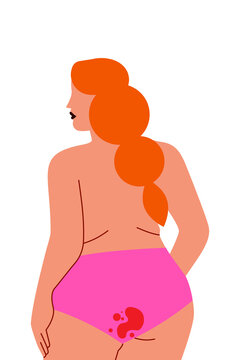 Body-positive woman illustration in pink underwear with period stain. Menstrual health, female hygiene, body acceptance, and self-love concept. Modern flat vector for education and awareness designs. 