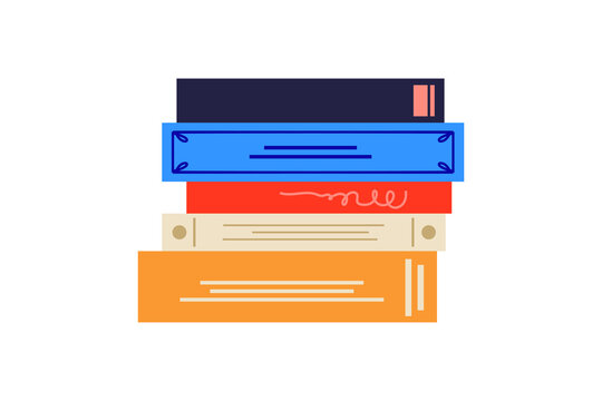 Stack of colorful books PNG illustration. Ideal for education, school, library, and reading projects. Modern, stylized book spines in pink, navy blue, red, beige, and gold colors. High resolution PNG