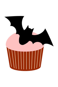 Halloween pink cupcake with a small bat silhouette. For autumn holiday decor, seasonal design projects, spooky party invitations, bakery designs, recipes, festive decor, and Halloween graphics. PNG