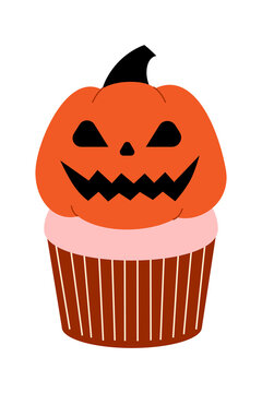 Halloween pumpkin cupcake with jack-o-lantern with evil grin. Fun illustration perfect for spooky party invitations, bakery designs, recipes, festive decor, and Halloween graphics. PNG