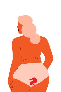 Body-positive plus size woman in underwear with period stain. Menstrual health, female hygiene, body acceptance, and self-love concept. Modern flat vector for education and awareness designs. PNG