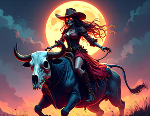 Cowgirl of death rides a bull into the twilight of the West