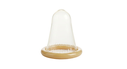 A single tan condom sits upright against a stark background, illuminated by neutral lighting.