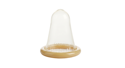 A single tan condom sits upright against a stark background, illuminated by neutral lighting.