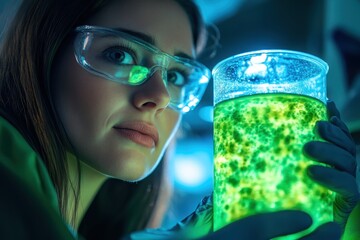 Scientist conducting experiment with glowing green liquid in laboratory during evening hours