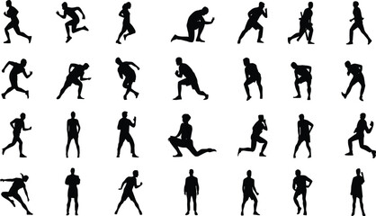 Extensive fitness silhouette collection of runners, joggers, and athletes in various dynamic poses, including stretching, walking, and training graphic vector set.