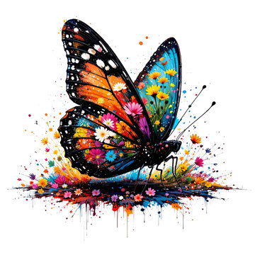 Vibrant watercolor-style butterfly illustrations with splash art and floral details. Bright, energetic, and colorful nature designs.