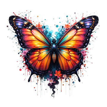 Vibrant watercolor-style butterfly illustrations with splash art and floral details. Bright, energetic, and colorful nature designs.