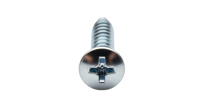 A single silver screw faces the camera with a visible crosshead on a isolated background.