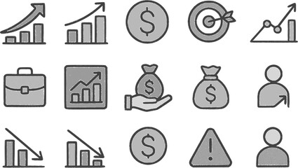 Fototapeta premium Business Economy and Investment Profit Loss Vector Icon Set – Flat Outline Design on Cream Background