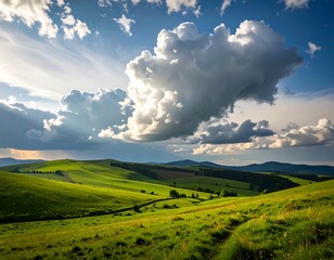 Lush green hills under a dramatic sky