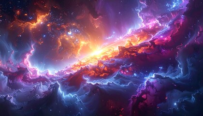 Dramatic cosmic vista with swirling nebulae and brilliant stellar light